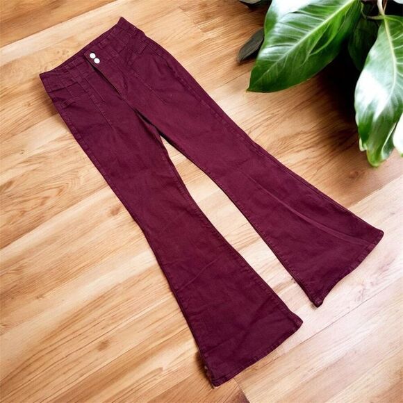Forever 21 High Rise Waisted Jeans Flare Bellbottom Burgundy Red 28” - Picture 1 of 10